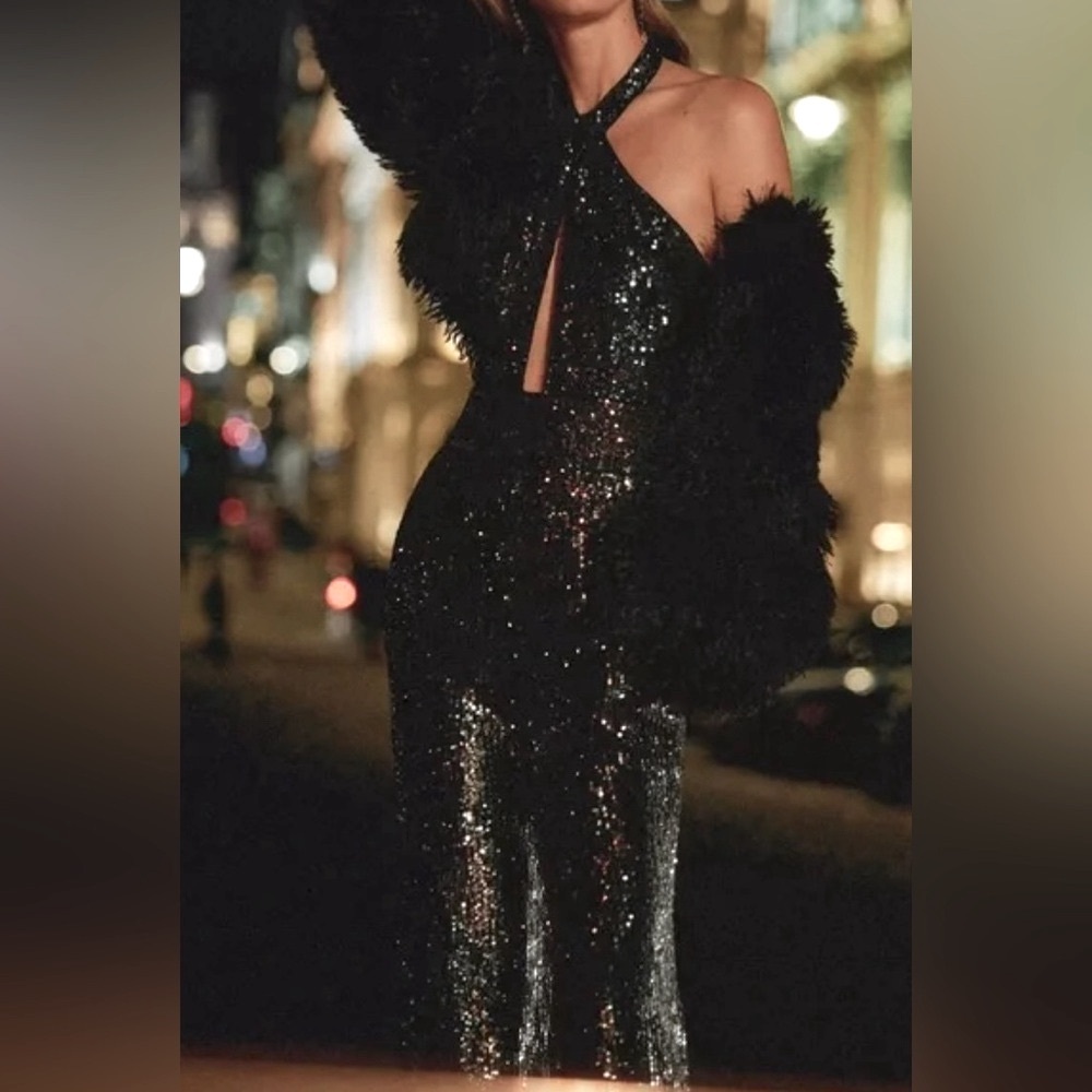 Anthropologie Maeve Sequin Cut-Out Halter Wide-Leg Jumpsuit Size 10, NWT